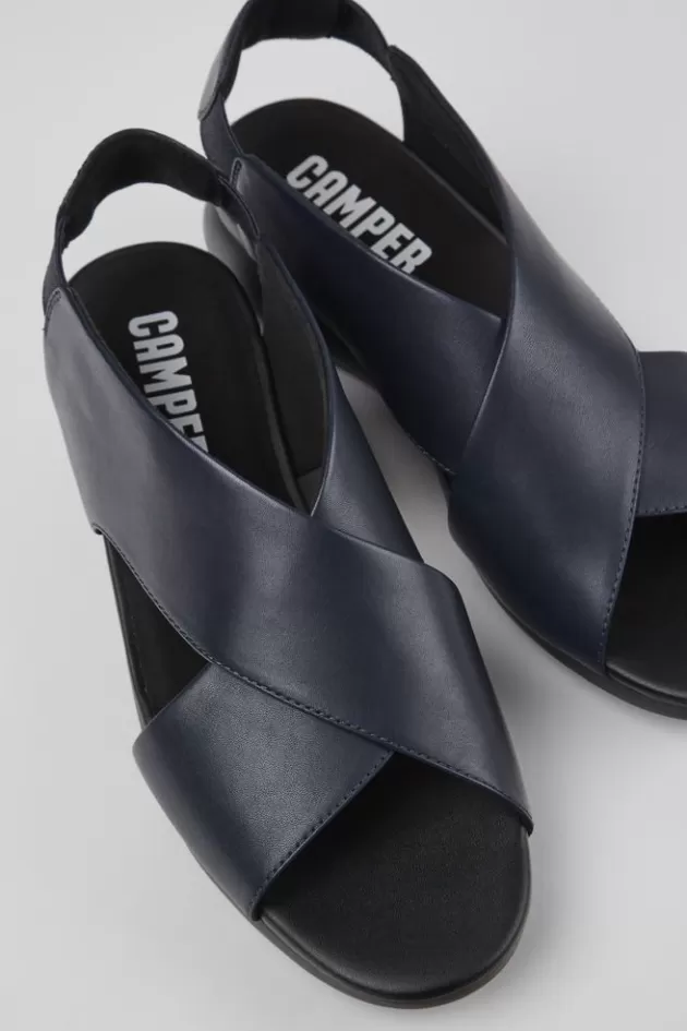 Outlet Camper Blauwe Leren Damessandaal Met Gekruiste Bandjes