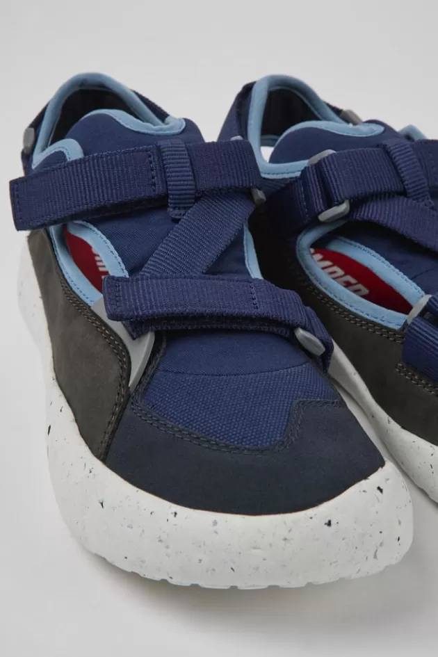 Best Sale Camper Blauw-Grijs Leer En Stof, Halfopen Herensneakers