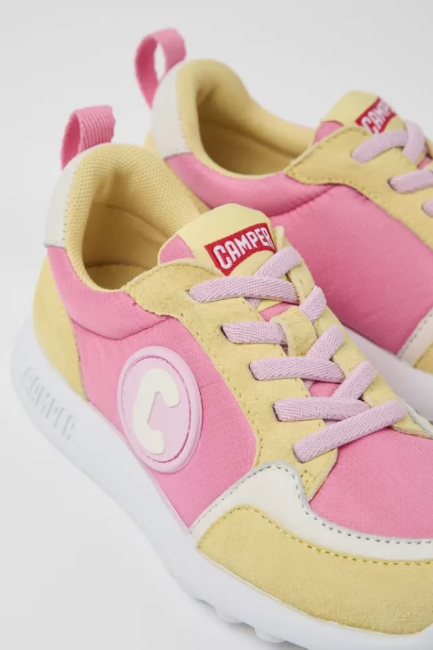Cheap Camper Geel-Roze Stoffen En Nubuck Kindersneakers