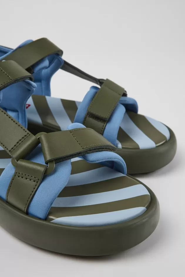 Outlet Camper Groen-Blauwe Leren En Stoffen Herensandalen