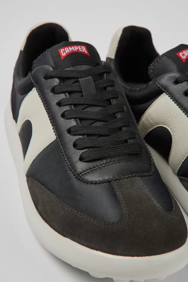Hot Camper Wit-Zwarte Stoffen En Leren Herensneakers