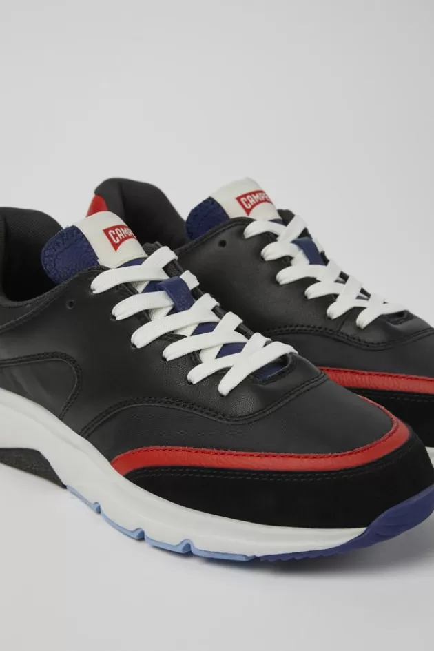 New Camper Zwart Met Rode Stoffen En Leren Damessneakers