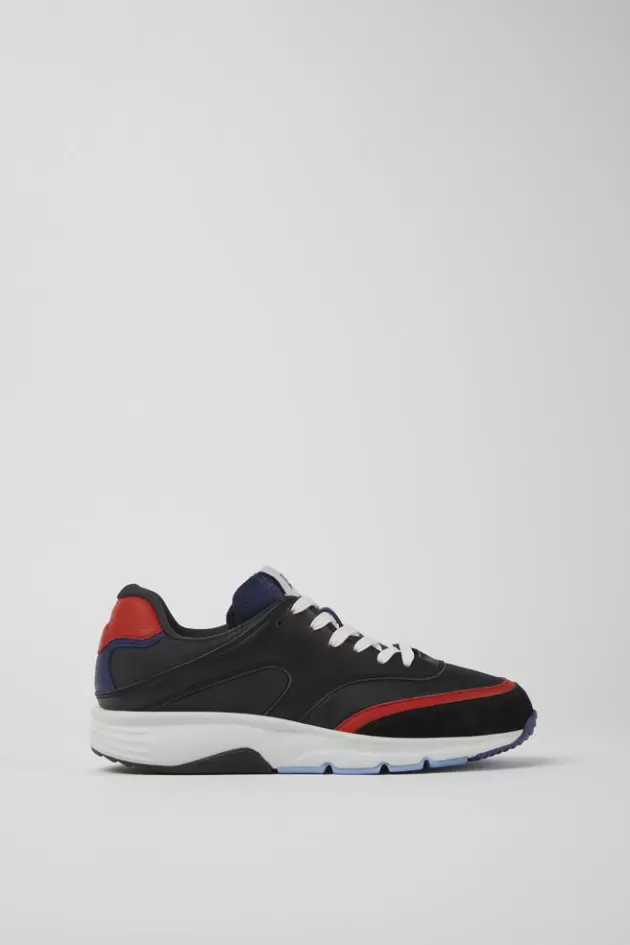 New Camper Zwart Met Rode Stoffen En Leren Damessneakers