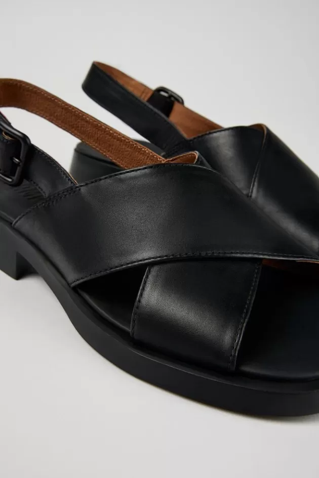 Cheap Camper Zwarte Leren Damessandaal Met Gekruiste Bandjes
