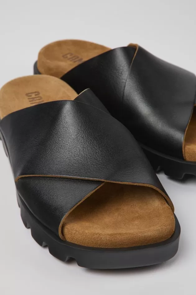 Fashion Camper Zwarte Leren Damessandaal Met Gekruiste Bandjes