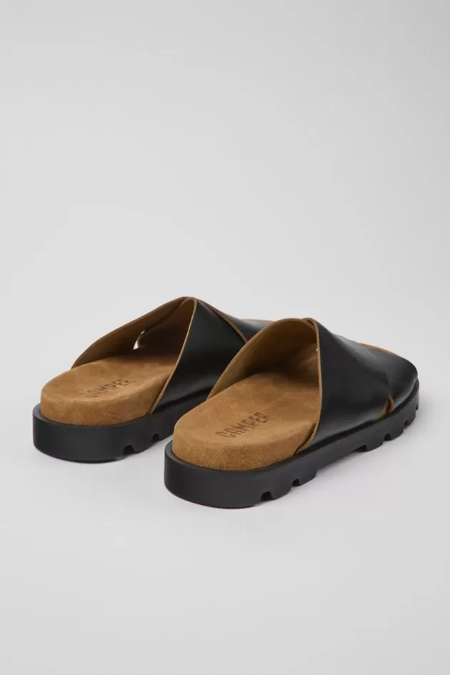 Fashion Camper Zwarte Leren Damessandaal Met Gekruiste Bandjes